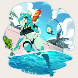  1boy animal_ears artist_name bikini blue_eyes blue_hair blue_skin bracelet bulge cat_boy cat_ears cloud colored_skin commentary day english_commentary eyepatch gluteal_fold hair_over_one_eye highres jewelry kitt_betelgeuse navel original outdoors partially_submerged see-through slit_pupils solo swimsuit tail thigh_strap tongue tongue_out trap velo_(kitt_betelgeuse) water watermark  rating:Sensitive score:21 user:danbooru