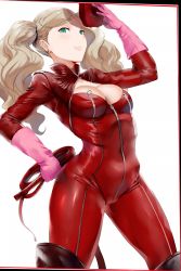 10s 1girl aqua_eyes blonde_hair breasts character_name cleavage cleavage_cutout clothing_cutout contrapposto covered_navel gloves gluteal_fold hat hews lips long_hair looking_at_viewer mask medium_breasts persona persona_5 solo standing takamaki_anne textless_version twintails unworn_mask whip white_background rating:Questionable score:57 user:danbooru