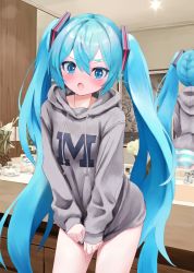 1girl bathroom blue_eyes blue_hair blush bottle chanel counter full-face_blush hair_ornament hatsune_miku highres hood hoodie hoodie_pull long_hair long_sleeves mirror open_mouth panties perfume_bottle reflection sink solo striped_clothes striped_panties takepon1123 twintails underwear v-shaped_eyebrows very_long_hair vocaloid rating:Sensitive score:47 user:danbooru