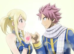  1boy 1girl bad_id bad_pixiv_id blonde_hair bluesnowcat brown_eyes eye_contact fairy_tail hair_ornament long_hair looking_at_another lucy_heartfilia natsu_dragneel pink_hair scarf short_hair spiked_hair tattoo twintails white_scarf 