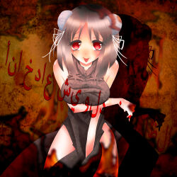  1girl :p absurdres arabic_text arm_under_breasts bare_shoulders blush breast_hold breasts bun_cover china_dress chinese_clothes chinese_dogma_(vocaloid) commentary_request double_bun dress grey_hair hair_bun highres kibatan large_breasts looking_at_viewer red_eyes seryl_chlordane shadow short_hair sleeveless smile solo tongue tongue_out translation_request vocaloid 