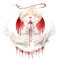  1girl :d ahoge angel blonde_hair blood blood_drip bloody_wings commentary_request cropped_legs dated_commentary dress fangs feathered_wings halo hands_up heart heart_wings long_sleeves looking_at_viewer neck_ribbon open_mouth original painttool_sai_(medium) puffy_long_sleeves puffy_sleeves rakuni red_halo red_ribbon red_wings ribbon short_hair simple_background smile solo straight-on teeth upper_teeth_only white_background white_dress white_wings wings yellow_eyes 