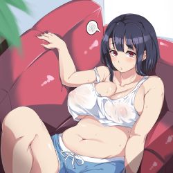 10s 1girl bare_shoulders belly black_hair blush breasts cleavage covered_erect_nipples female_focus highres hot kantai_collection large_breasts looking_at_viewer lying moisture_(chichi) navel on_back parted_lips plump red_eyes see-through short_hair shorts solo spoken_squiggle squiggle sweat takao_(kancolle) rating:Questionable score:135 user:danbooru