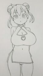 1girl :o alternate_breast_size alternate_hairstyle arms_behind_back breasts chinese_clothes cleavage cleavage_cutout clothing_cutout covered_navel double_bun drawfag hair_bun highres huge_breasts legs looking_at_viewer monochrome open_mouth saru_getchu sayaka_(saru_getchu) sketch solo thighs traditional_media twintails 
