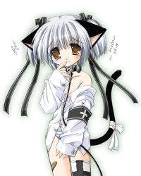 1girl animal_ears armband bandaid bandaid_on_leg black_ribbon brown_eyes cat_ears cat_tail collar copyright_request cowboy_shot cross_print dress_shirt finger_to_mouth flat_chest hair_ribbon leash loli long_sleeves looking_at_viewer nekoneko no_pants off_shoulder panties ribbon safety_pin shirt silver_hair simple_background single_thighhigh sleeves_past_wrists solo striped_clothes striped_panties tail tail_ornament tail_ribbon tareme tears thighhighs two_side_up underwear white_background white_shirt rating:Questionable score:5 user:danbooru