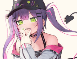  1girl barbell_piercing baseball_cap beige_background bibi_(tokoyami_towa) black_hat breasts choker cleavage demon_tail ear_piercing earrings fake_horns fingers_to_mouth green_eyes green_nails grin hair_ornament hairclip hand_up hat hololive hoop_earrings horned_headwear horns industrial_piercing jewelry lips looking_at_viewer multicolored_nails nail_polish o-ring o-ring_choker off-shoulder_jacket off_shoulder parted_lips piercing pointy_ears purple_hair purple_nails seramikku sidelocks simple_background small_breasts smile solo spaghetti_strap stud_earrings tail tail_ornament tail_piercing tokoyami_towa tsurime twintails upper_body virtual_youtuber  rating:Sensitive score:11 user:danbooru
