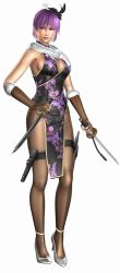1girl 3d alternate_costume animal_print ayane_(doa) breasts butterfly_print china_dress chinese_clothes dead_or_alive dress elbow_gloves female_focus full_body gloves high_heels large_breasts ninja_gaiden ninja_gaiden_sigma_2 official_art pantyhose shoes sideboob simple_background solo standing sword weapon white_background white_footwear rating:Sensitive score:46 user:danbooru