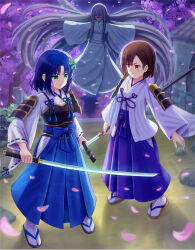  3girls absurdly_long_hair black_footwear black_hair blue_hair blue_hakama brown_eyes brown_footwear brown_hair butterfly_hair_ornament commentary_request commission glowing glowing_eyes green_eyes hair_ornament hakama hakama_skirt highres holding holding_polearm holding_sword holding_weapon iroha_(iroha_matsurika) japanese_clothes katana kimono long_hair long_sleeves miko multiple_girls muneate naginata night night_sky original outdoors parted_bangs petals polearm red_eyes sandals shaded_face skirt sky socks standing sword tabi tree very_long_hair weapon white_kimono white_socks wide_sleeves zouri 