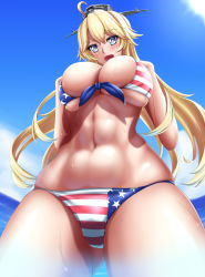 10s 1girl abs ahoge american_flag_bikini american_flag_print bikini blonde_hair blue_eyes blush breasts cameltoe caustics cleavage flag_print from_below front-tie_top gluteal_fold hair_between_eyes hat highres iowa_(kancolle) kantai_collection large_breasts long_hair navel open_mouth print_bikini shiny_skin skindentation solo standing star-shaped_pupils star_(symbol) swimsuit symbol-shaped_pupils tama_(tamakaka1031) wet rating:Questionable score:44 user:danbooru