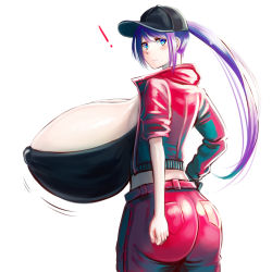 ! 1girl aqua_eyes artist_request baseball_cap black_hat blue_eyes blush breasts cowboy_shot gigantic_breasts hat high_ponytail highres jacket long_hair looking_at_viewer looking_back midriff motion_lines original pants ponytail purple_hair red_jacket red_pants simple_background solo standing white_background rating:Questionable score:27 user:railbreaker