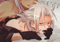  2boys alternate_costume ansem_seeker_of_darkness black_gloves black_shirt blush collared_shirt dark_skin doggystyle finger_in_another&#039;s_mouth gloves grey_background grey_hair hair_over_shoulder implied_sex kingdom_hearts kingdom_hearts_i kingdom_hearts_ii long_hair looking_back lying lying_on_person male_focus minatoya_mozuku multiple_boys off_shoulder on_stomach open_mouth parted_bangs saliva sex_from_behind shirt smile spiked_hair sweat toned toned_male xemnas yaoi yellow_eyes 