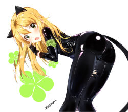 1girl :o ahoge alternate_costume alternate_eye_color animal_ears armband ass bad_id bad_pixiv_id bent_over between_legs black_bodysuit black_gloves blonde_hair blush bodysuit cat_ears cat_tail dr_poapo fang fingerless_gloves gloves green_eyes hair_between_eyes hand_between_legs highres hoshii_miki idolmaster idolmaster_(classic) kneepits latex latex_suit long_hair long_sleeves looking_at_viewer shiny_clothes signature solo standing sweatdrop tail white_background yellow_eyes  rating:Sensitive score:33 user:danbooru