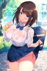 1girl :d bag blue_bow blue_eyes blue_skirt blush bow bra bra_visible_through_clothes breasts brown_hair bush button_gap clothes_lift clothes_pull cobblestone collared_shirt commentary_request curvy day dress_shirt fountain hair_ornament hairclip highres kat_(bu-kunn) large_breasts medium_hair miniskirt open_mouth original outdoors panties pink_bra pink_panties pleated_skirt school_bag school_uniform scrunchie see-through shirt shirt_pull side-tie_panties skirt skirt_lift sleeves_rolled_up smile standing striped_clothes striped_panties sweat thighs tree underwear wet wet_clothes white_shirt wrist_scrunchie rating:Sensitive score:132 user:danbooru
