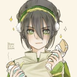  1girl avatar:_the_last_airbender avatar_legends black_hair closed_mouth food green_eyes hair_between_eyes holding holding_food looking_at_viewer non-web_source ranmvdom simple_background solo source_request sparkle tagme toph_bei_fong upper_body 