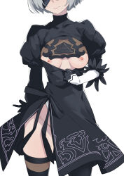  1girl 2b_(nier:automata) black_dress black_gloves black_thighhighs blindfold breasts breasts_out cleavage_cutout closed_mouth clothing_cutout commentary_request dress gloves grey_hair highres medium_breasts mole mole_under_mouth morisobo nier:automata nier_(series) nipples pulled_by_self short_hair simple_background solo standing thighhighs thighs white_background  rating:Questionable score:35 user:danbooru
