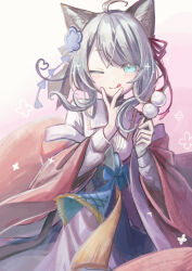  1girl :q ;) absurdres ahoge animal_ears aqua_eyes arknights blue_bow blush bow cat_ears cat_girl closed_mouth commentary_request cowboy_shot dango eyes_visible_through_hair flower food frilled_shirt_collar frills grey_hair hair_flower hair_ornament hair_ribbon hand_to_own_mouth highres holding holding_food japanese_clothes long_sleeves looking_at_viewer medium_hair mint_(arknights) mint_(tsukiyoi)_(arknights) miritenoru off_shoulder official_alternate_costume one_eye_closed pink_ribbon purple_flower ribbon shirt smile solo sparkle split_mouth tongue tongue_out wagashi white_shirt wide_sleeves  rating:General score:3 user:danbooru