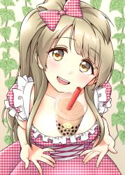  10s 1girl absurdres blush bow breasts brown_eyes bubble_tea bubble_tea_challenge checkered_bow checkered_clothes checkered_dress cleavage dress drink drinking_straw from_above grey_hair hair_bow head_tilt highres large_breasts long_hair looking_at_viewer love_live! love_live!_school_idol_festival love_live!_school_idol_project minami_kotori object_on_breast oekaki_tako open_mouth side_ponytail smile solo 