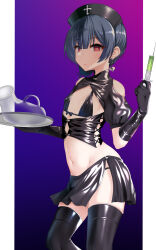  1girl alternate_costume bare_shoulders bikini black_bow black_gloves black_hair black_panties boots bow bright_pupils closed_mouth clothing_cutout commentary_request corset covered_erect_nipples cross earrings elbow_gloves empty_eyes flat_chest gloves gradient_background groin hair_between_eyes hair_bun hand_up hat heart heart_earrings highres holding holding_syringe holding_tray idolmaster idolmaster_shiny_colors jewelry jug_(bottle) latex latex_boots latex_skirt looking_at_viewer midriff morino_rinze navel nurse nurse_cap okuri_banto panties pillarboxed purple_background red_eyes short_hair shoulder_cutout shrug_(clothing) side_slit sidelocks sideways_glance single_hair_bun solo standing stomach string_bikini swimsuit syringe thigh_boots tray underwear  rating:Questionable score:38 user:danbooru
