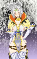  1girl blush breasts choker chrono_(series) chrono_cross circlet cleavage cleft_of_venus detached_sleeves covered_erect_nipples female_focus groin hand_on_own_hip hands_on_own_hips head_tilt hip_focus hyde_onsenguma large_breasts lips lipstick long_hair long_image looking_at_viewer makeup nipples orange_eyes pussy see-through sideboob silver_hair smile solo standing steena tall_image thigh_gap thighhighs thighs tiara uncensored wide_hips 