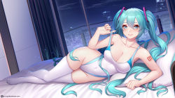  1girl alternate_breast_size aqua_eyes aqua_hair artist_name bare_hips bed_sheet breasts cityscape cleavage closed_mouth collarbone competition_swimsuit covered_navel full_body groin hair_between_eyes hatsune_miku highleg highleg_swimsuit highres indoors jurrig large_breasts legs_together long_hair looking_at_viewer lying night no_shoes numbered on_bed on_side one-piece_swimsuit parted_bangs pulled_by_self shoulder_tattoo skindentation sky smile solo star_(sky) starry_sky strap_pull swimsuit tattoo thighhighs thighs twintails very_long_hair vocaloid watermark web_address white_one-piece_swimsuit white_thighhighs wide_hips window  rating:Sensitive score:67 user:danbooru