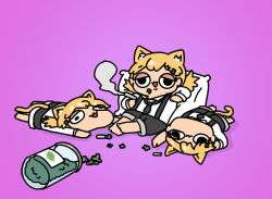 3girls :3 afei_(sfma3248) animal_ears barefoot black_necktie black_shorts blonde_hair cat_ears cat_tail catnip chibi clone drugged full_body girls&#039;_frontline hair_ornament hairclip half-closed_eyes highres holding idw_(girls&#039;_frontline) jar leaf_print long_hair lying mixed-language_commentary multiple_girls necktie on_back on_stomach open_mouth pillow purple_background shirt shorts simple_background sitting smile smoke smoking spill tail twintails wall-eyed white_shirt rating:General score:2 user:danbooru