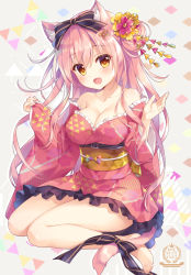 1girl :d ameto_yuki animal_ear_fluff animal_ears bare_shoulders barefoot black_bow bow breasts brown_eyes cat_ears cat_girl cat_tail cleavage collarbone commentary_request flower frilled_kimono frills full_body hair_between_eyes hair_bow hair_bun hair_flower hair_ornament hands_up highres japanese_clothes kimono large_breasts long_hair long_sleeves looking_at_viewer macaron_(ameto_yuki) medium_breasts obi off_shoulder open_mouth original pinching_sleeves pink_flower pink_hair pink_kimono pointy_breasts sash side_bun single_hair_bun single_side_bun sleeves_past_wrists smile solo tail very_long_hair wide_sleeves  rating:Questionable score:6 user:kanaishi