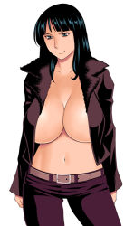 black_hair breasts cleavage fur_trim grey_eyes huge_breasts jacket long_hair navel nico_robin one_piece open_clothes takasugi_kou rating:Questionable score:90 user:Draq