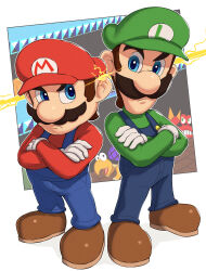  2boys blue_eyes blue_pants brothers brown_footwear brown_hair buttons closed_mouth commentary_request crab crossed_arms electricity facial_hair frown full_body furrowed_brow gloves gonzarez green_headwear green_shirt hat highres long_sleeves looking_at_another luigi male_focus mario mario_(series) mario_bros. multiple_boys mustache nintendo overalls pants red_headwear red_shirt shell shellcreeper shirt shoes short_hair siblings sidestepper sideways_glance standing turtle_shell white_gloves 