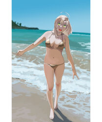  1girl absurdres ahoge alternate_costume bare_shoulders beach bikini blue_sky breasts cleavage commentary feet_out_of_frame gold_bikini green_eyes highres kantai_collection kinugasa_(kancolle) kinugasa_kai_ni_(kancolle) large_breasts long_hair mountain ocean ojipon open_mouth outdoors pink_hair sand side-tie_bikini_bottom sky smile solo string_bikini swimsuit symbol-only_commentary water 