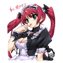  1girl airi_(queen&#039;s_blade) airi_(queen's_blade) airi_(the_infernal_temptress) blush bow breasts cleavage female_focus finger_to_mouth frills green_eyes hair_bow highres long_hair maid maid_headdress queen&#039;s_blade red_hair smile solo takamura_kazuhiro twintails white_background wrist_cuffs  rating:Sensitive score:6 user:danbooru