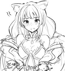  1girl animal_ears blush breasts cat_girl cleavage coolisushi gem greyscale highres jewelry long_hair medium_breasts monochrome nervous nia_(blade)_(xenoblade) nia_(xenoblade) nintendo shy sketch solo twintails unfinished very_long_hair xenoblade_chronicles_(series) xenoblade_chronicles_2 