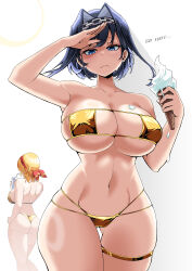  2girls absurdres arms_up ass bikini blonde_hair blue_eyes blue_hair breasts chain chain_headband collarbone cup drinking_straw english_text eyepatch_bikini food gold_bikini hair_intakes hairband highres holding holding_food holding_ice_cream hololive hololive_english hololive_indonesia ice_cream ice_cream_cone kaela_kovalskia large_breasts looking_at_viewer multiple_girls navel ouro_kronii saltnvalk short_hair simple_background swimsuit virtual_youtuber white_background 