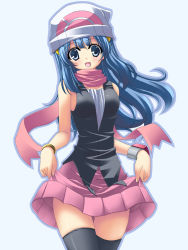  1girl :d beanie blue_eyes blue_hair blush clothes_lift creatures_(company) dawn_(pokemon) female_focus game_freak hair_ornament hairclip happy hat long_hair matching_hair/eyes nintendo open_mouth pokemon rappa_(rappaya) scarf simple_background skirt skirt_lift smile solo thighhighs  rating:Sensitive score:14 user:atrack