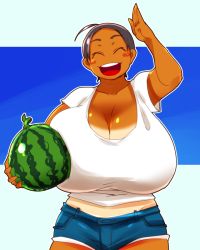  1girl black_hair breasts cleavage closed_eyes food fruit huge_breasts open_mouth short_hair simple_background smile solo squarewave tan tanline watermelon  rating:Questionable score:58 user:DarkToonLink