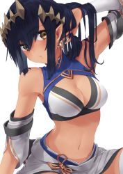  1girl nanashi_inc. arm_up armpits blue_hair blush breasts cleavage commentary cowboy_shot dark-skinned_female dark_skin demon_girl demon_horns detached_sleeves hand_in_own_hair honey_strap horns large_breasts long_hair looking_at_viewer midriff miniskirt navel parted_lips pointy_ears shimamura_charlotte simple_background skirt solo touboku virtual_youtuber white_background white_skirt yellow_eyes 