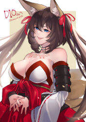  1girl absurdres animal_ears artist_name bare_shoulders blue_eyes breasts brown_hair caleen_keemosn choker cleavage commission dated detached_sleeves female_focus fox_ears fox_girl fox_tail hair_ribbon highres huge_breasts japanese_clothes long_hair miko multiple_tails ribbon runes simple_background smile sowawadayo star_ocean star_ocean_anamnesis tail twintails very_long_hair  rating:General score:8 user:dragonsoul1601