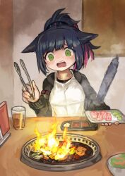  1girl absurdres animal_ears arknights black_hair black_jacket buchi0122 cat_ears cat_girl cat_tail commentary_request cooking cup cutting_board drink drinking_glass fire food green_eyes grill grilling highres holding indoors jacket jessica_(arknights) meat multicolored_hair open_clothes open_jacket pink_hair ponytail shirt solo stiff_tail streaked_hair table tail tears tongs upper_body white_shirt  rating:General score:13 user:danbooru