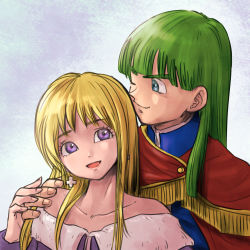 1boy 1girl :d bare_shoulders blonde_hair blue_eyes blue_jacket cape collarbone couple cross cross_earrings dragon_quest dragon_quest_v dress earrings green_hair hand_on_another&#039;s_shoulder henry_(dq5) hetero highres jacket jewelry long_hair maria_(dq5) off-shoulder_dress off_shoulder open_mouth pekuchin_(pekuchin_3) purple_dress purple_eyes red_cape smile