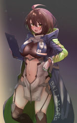  1girl absurdres ahoge azur_lane baltimore_(azur_lane) black_background black_hair black_legwear breasts center_opening cleavage cleavage_cutout clipboard clothing_cutout coat gloves hair_between_eyes hey_taisyou highres hood hooded_coat large_breasts leotard leotard_under_clothes long_sleeves looking_at_viewer multicolored_coat name_tag open_mouth short_hair smile solo standing stomach_cutout thighs underboob underboob_cutout white_gloves yellow_eyes  rating:Sensitive score:16 user:danbooru