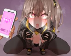 1girl armband black_gloves black_jacket black_pantyhose blush cellphone fingerless_gloves girls&#039;_frontline gloves heart heart-shaped_pupils holding holding_phone hypnosis jacket katagiri_ags long_hair long_sleeves mind_control open_clothes open_jacket open_mouth open_shirt pantyhose paw_pose penis_awe penis_shadow phone smartphone solo_focus squatting symbol-shaped_pupils tongue tongue_out ump45_(girls&#039;_frontline) rating:Questionable score:193 user:danbooru