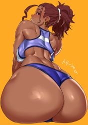 1girl ass bad_id bad_pixiv_id bare_shoulders borrowed_character breasts brown_hair covered_erect_nipples curvy dark-skinned_female dark_skin earrings female_focus from_behind hip_focus hoop_earrings huge_ass jewelry large_breasts lips looking_at_viewer looking_back mature_female mikoyan mole mole_under_eye muscular nasu_trisha oh_yes!_kasshoku_bitch_hitozuma_no_seiyoku_kaishou:_kondo_wa_umi_de_sex_lesson!? parted_lips ponytail shiny_skin short_hair simple_background skindentation solo sports_bra thighs toned translated very_dark_skin wide_hips yellow_background rating:Sensitive score:317 user:danbooru