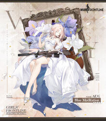  1girl 2024 assault_rifle aug_(blue_meditation)_(girls&#039;_frontline) aug_(girls&#039;_frontline) bare_legs blue_gemstone breasts bridal_veil bullpup cello character_name closed_eyes commentary copyright_name dress english_commentary english_text flower flower_request full_body gem girls&#039;_frontline gun high_heels highres instrument jewelry long_hair medium_breasts mole mole_under_eye necklace no_socks official_alternate_costume official_art parted_bangs pearl_necklace petal_in_mouth picture_frame puffy_short_sleeves puffy_sleeves rifle ring samail second-party_source short_sleeves simple_background sitting solo steyr_aug suppressor torn_clothes torn_dress two-sided_dress two-sided_fabric veil very_long_hair weapon wedding_dress white_day white_dress white_flower white_footwear white_hair 