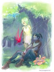  1boy 1girl bare_shoulders breath_of_fire breath_of_fire_v commentary_request dress facial_mark full-body_tattoo green_hair nina_(breath_of_fire_v) red_wings ryuu_(breath_of_fire_v) short_hair task_owner tattoo watermark white_dress wings 