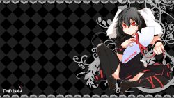  1girl alternate_color alternate_costume angry animal_ears bad_id bad_pixiv_id black_hair black_thighhighs english_text female_focus highres inaba_tewi kumonji_aruto player_2 rabbit_ears rabbit_tail red_eyes ribbon short_hair solo suppository tail thighhighs touhou  rating:Sensitive score:8 user:danbooru