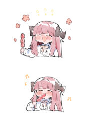  1girl :d ^_^ anna_(ikeuchi_tanuma) beamed_sixteenth_notes black_bow blush blush_stickers bow center_frills closed_eyes closed_mouth collared_shirt cropped_torso eating eighth_note food frills fruit hair_bow holding holding_food ikeuchi_tanuma long_hair long_sleeves musical_note nose_blush open_mouth original pink_bow puffy_long_sleeves puffy_sleeves red_hair shirt simple_background smile strawberry upper_body white_background white_shirt 