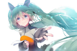  1girl blue_eyes blue_hair blue_nails blurry comet_(teamon) commentary crying crying_with_eyes_open depth_of_field fingerless_gloves fingernails floating_hair frown gloves hair_between_eyes hand_on_own_chest happy hatsune_miku headphones long_hair nail_polish odds_&amp;_ends_(vocaloid) outstretched_hand paper simple_background smile solo tears twintails upper_body very_long_hair vocaloid white_background 