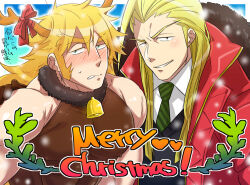 2boys animal_costume antlers bara bell character_request christmas christmas_wreath covered_erect_nipples horns huge_eyebrows large_pectorals long_hair looking_at_viewer male_focus merry_christmas multiple_boys muscular muscular_male neck_bell osu!_banchou pectorals reindeer_antlers reindeer_costume seductive_smile shirt short_hair shy sleeveless sleeveless_shirt smile snowing sugo6969 taut_clothes taut_shirt thick_eyebrows translation_request upper_body wreath yaoi