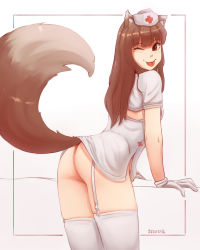  1girl :p alternate_costume animal_ears artist_name ass bottomless commentary commission english_commentary garter_straps gloves hat highres holo looking_at_viewer no_panties nurse nurse_cap one_eye_closed red_eyes seraziel short_sleeves solo spice_and_wolf tail thighhighs tongue tongue_out white_gloves white_thighhighs wolf_ears wolf_girl wolf_tail  rating:Questionable score:178 user:danbooru