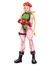  1girl bare_shoulders blonde_hair blue_eyes boots braid breasts cammy_white curvy hat highleg highleg_leotard highres jeffrey_cruz large_breasts leotard long_hair muscular muscular_female official_art simple_background sleeveless solo street_fighter thong_leotard twin_braids white_background wide_hips 
