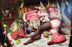  1girl absurdres amamami_prime animal_ear_fluff animal_ears areola_slip ass bag bare_shoulders blunt_bangs blurry blush bound bound_legs bound_wrists bra breasts brown_thighhighs christmas christmas_ornaments cleavage depth_of_field feet full_body gift green_hair half-closed_eyes handbag heart heart-shaped_pupils highres indoors lace lace-trimmed_bra lace-trimmed_panties lace_trim large_breasts merry_christmas miniskirt mole mole_on_breast on_bed original panties pill pink_eyes red_ribbon red_skirt remote_control_vibrator restrained ribbon sex_toy sidelocks skindentation skirt solo symbol-shaped_pupils thighhighs thighs underwear unfastened vibrator white_bra white_panties yes yes-no_pillow  rating:Questionable score:14 user:danbooru